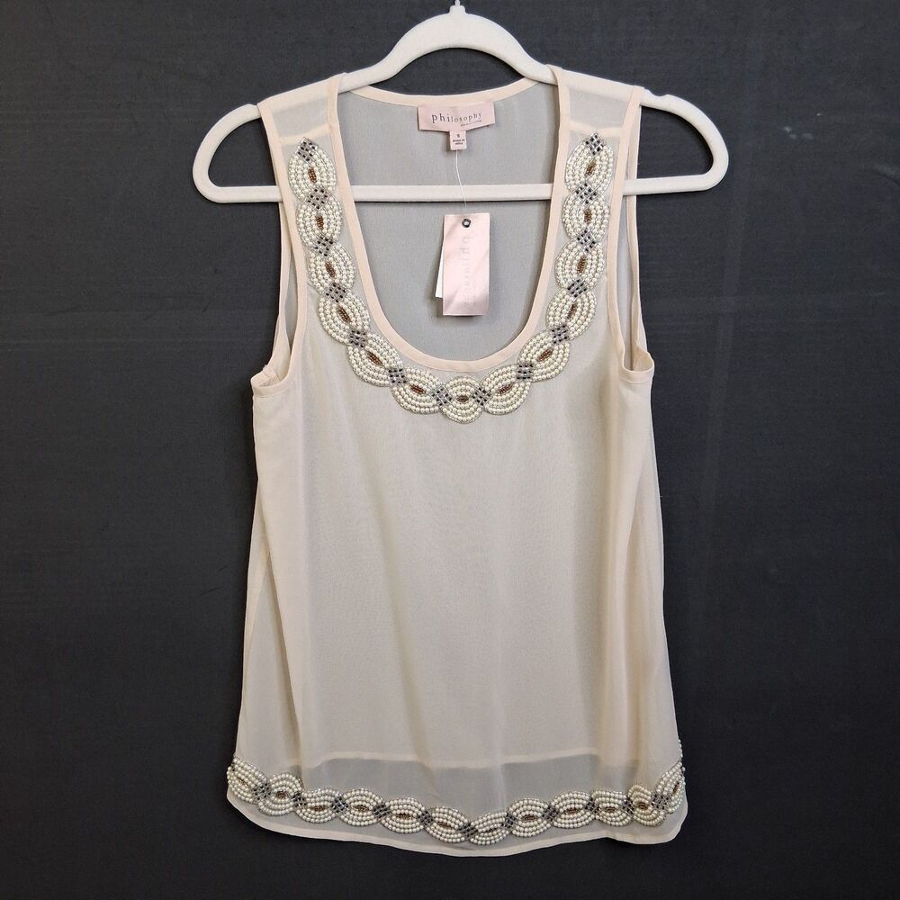 Philosophy Pearl Bead Embellished Cream Tank Size S NWT Glam